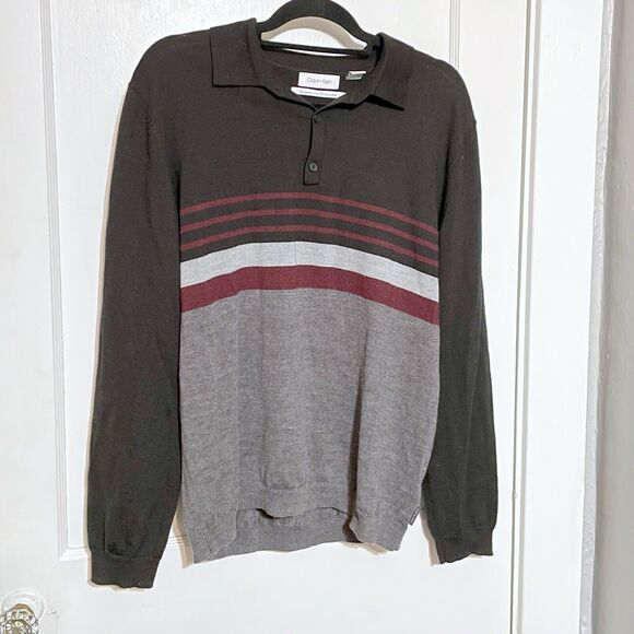 Calvin Klein Mens L Collar Sweater Wool Black Grey Stripe Italian Yarn Pullover - Picture 1 of 5